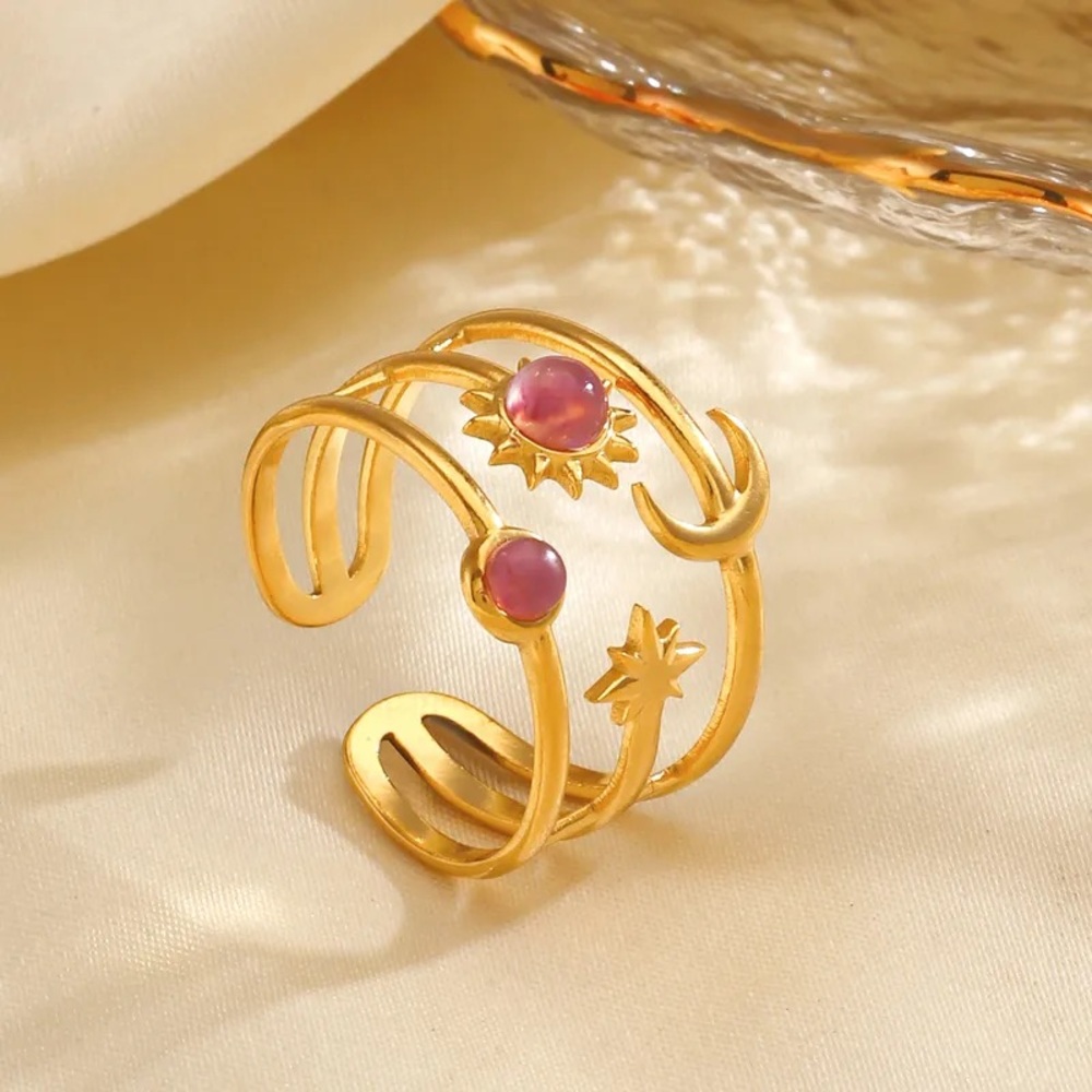 Celestial Sun, Moon& Star Ring with Pink Stones - Picture 3 of 8
